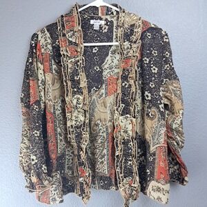 Jaipur Paisley Ruffle Front Blouse Long Sleeve Bohemian Top Size M
